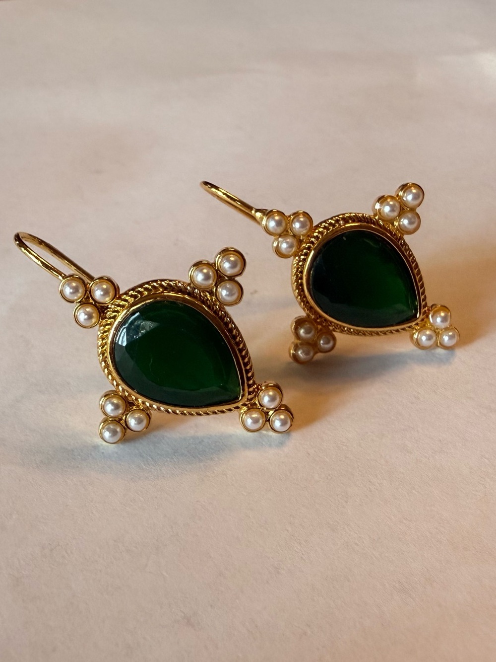 Gold-Tone Green Teardrop Pearl Accent Earrings